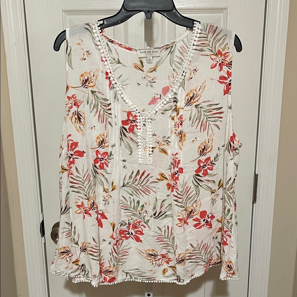 Anthropologie Skies Are Blue Floral V-Neck Blouse - Red and Green on Cream